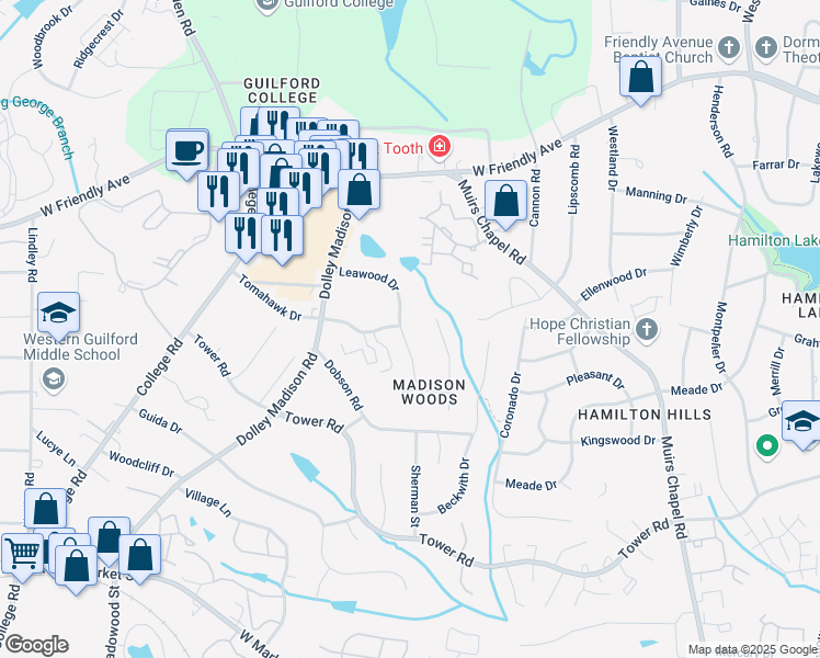 map of restaurants, bars, coffee shops, grocery stores, and more near 512 Leawood Drive in Greensboro