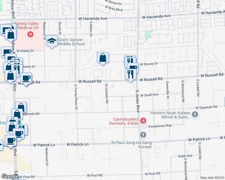 map of restaurants, bars, coffee shops, grocery stores, and more near 5770 El Camino Road in Las Vegas