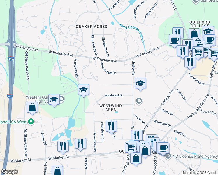 map of restaurants, bars, coffee shops, grocery stores, and more near 6119 Sundown Drive in Greensboro