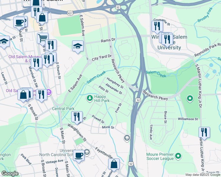 map of restaurants, bars, coffee shops, grocery stores, and more near 620 Alexander Street in Winston-Salem