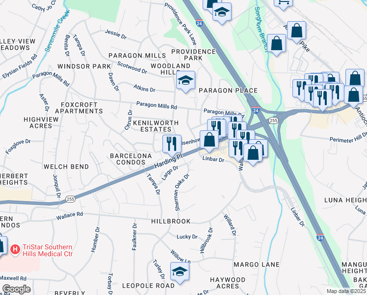 map of restaurants, bars, coffee shops, grocery stores, and more near 253 Eisenhower Drive in Nashville