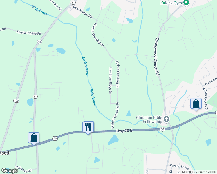 map of restaurants, bars, coffee shops, grocery stores, and more near 702 Hawthorn Ridge Drive in Whitsett