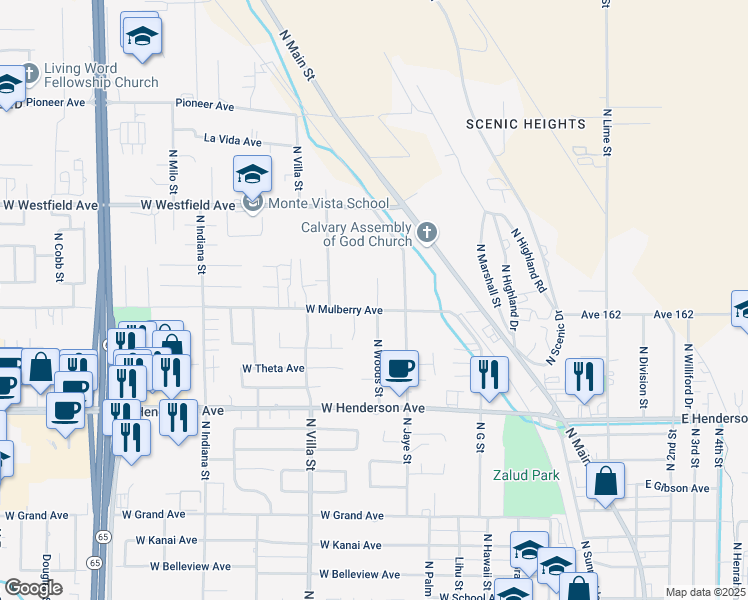map of restaurants, bars, coffee shops, grocery stores, and more near 462 West Mulberry Avenue in Porterville