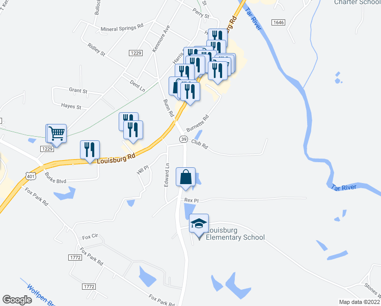 map of restaurants, bars, coffee shops, grocery stores, and more near 557 North Carolina 39 in Louisburg