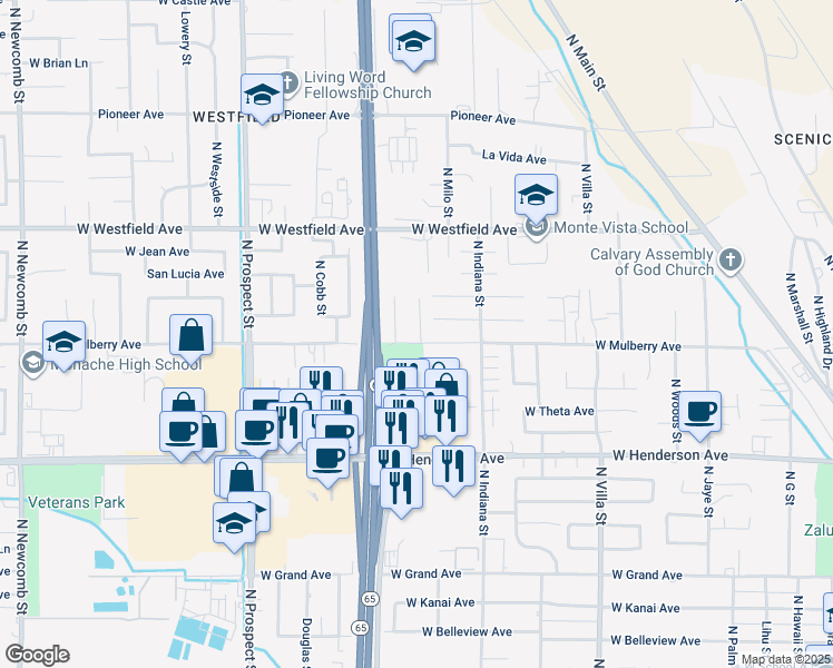 map of restaurants, bars, coffee shops, grocery stores, and more near 873 West Mulberry Avenue in Porterville