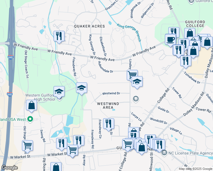 map of restaurants, bars, coffee shops, grocery stores, and more near 6119 Sundown Drive in Greensboro