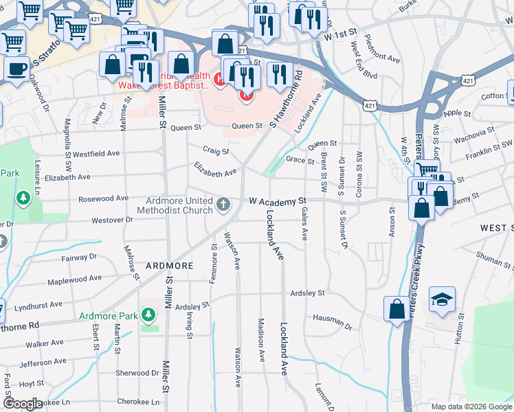 map of restaurants, bars, coffee shops, grocery stores, and more near 1921 Brantley Street in Winston-Salem