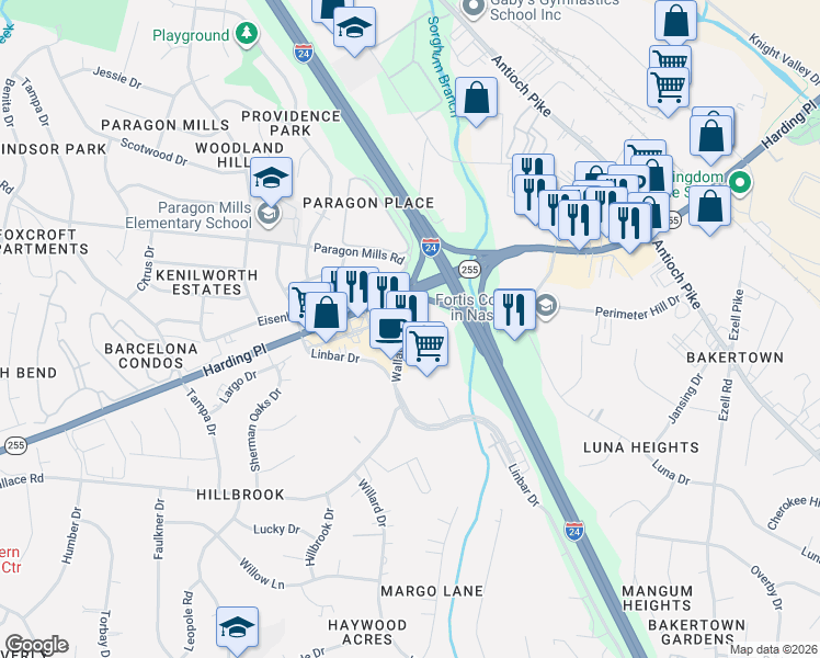 map of restaurants, bars, coffee shops, grocery stores, and more near 99 Wallace Rd in Nashville