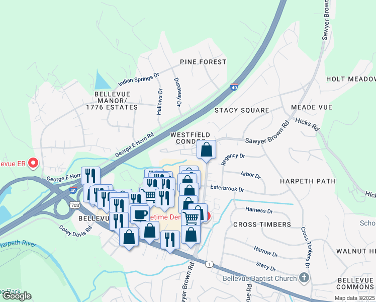 map of restaurants, bars, coffee shops, grocery stores, and more near 223 Westfield Drive in Nashville