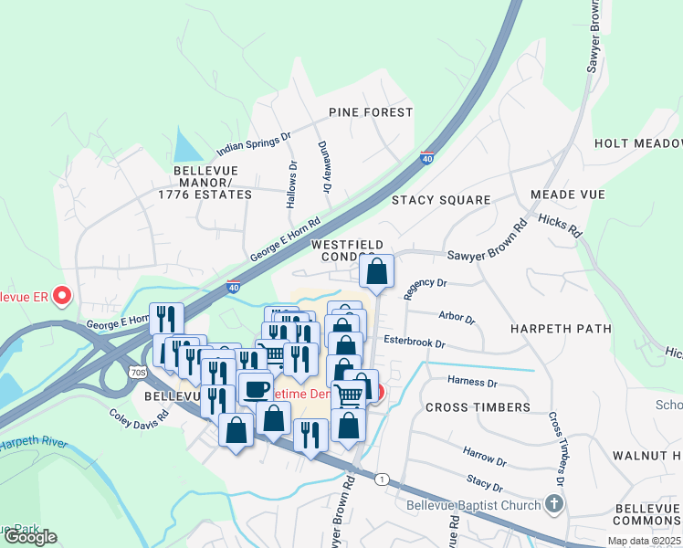 map of restaurants, bars, coffee shops, grocery stores, and more near 223 Westfield Drive in Nashville