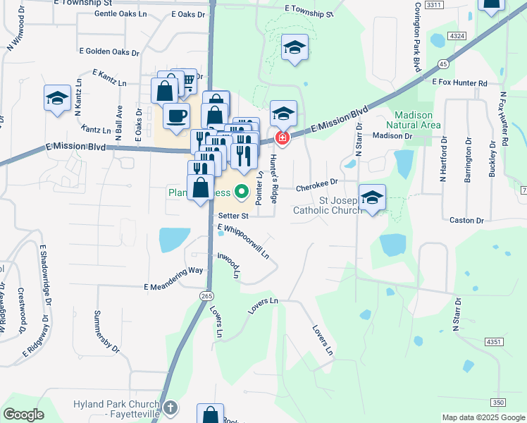 map of restaurants, bars, coffee shops, grocery stores, and more near 3067 Setter Street in Fayetteville