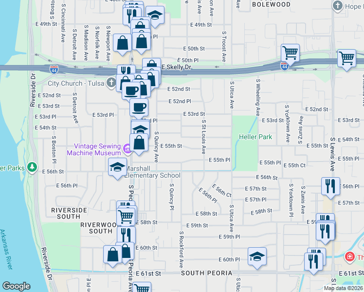 map of restaurants, bars, coffee shops, grocery stores, and more near 1448 East 55th Street in Tulsa