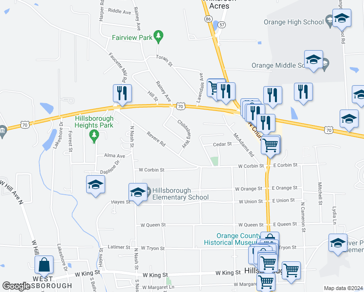 map of restaurants, bars, coffee shops, grocery stores, and more near 505 Childsberg Way in Hillsborough