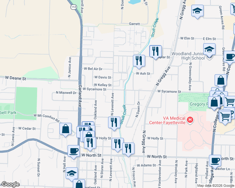 map of restaurants, bars, coffee shops, grocery stores, and more near 1606 North Leverett Avenue in Fayetteville