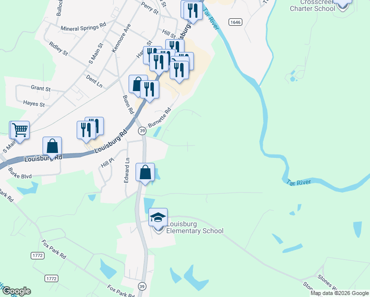 map of restaurants, bars, coffee shops, grocery stores, and more near in Louisburg