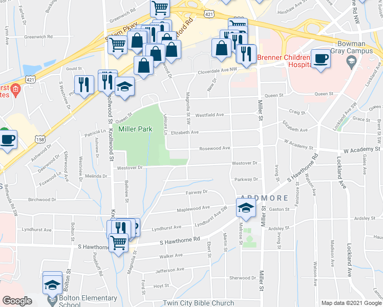 map of restaurants, bars, coffee shops, grocery stores, and more near 2374 Rosewood Avenue in Winston-Salem