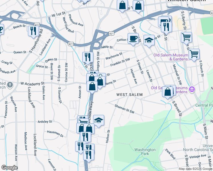 map of restaurants, bars, coffee shops, grocery stores, and more near 1132 West Academy Street in Winston-Salem