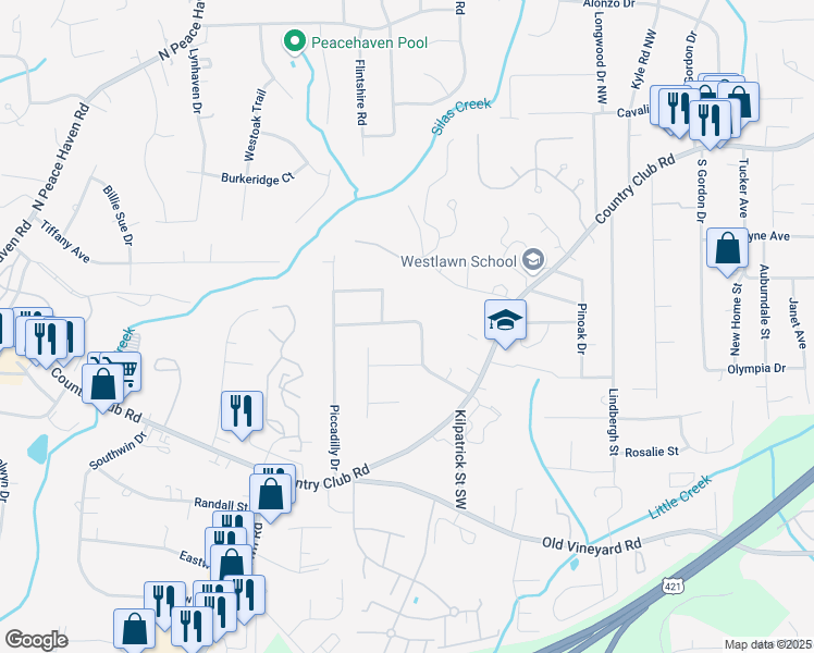 map of restaurants, bars, coffee shops, grocery stores, and more near 232 Tipperary Lane Northwest in Winston-Salem