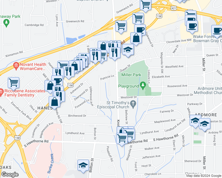 map of restaurants, bars, coffee shops, grocery stores, and more near 731 Ashview Drive in Winston-Salem