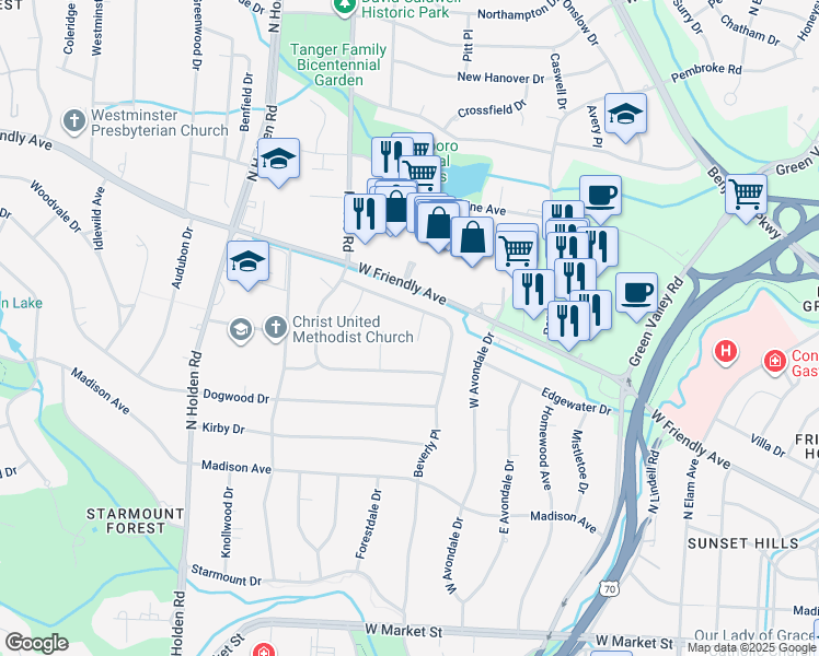 map of restaurants, bars, coffee shops, grocery stores, and more near 4 Gwyn Lane in Greensboro