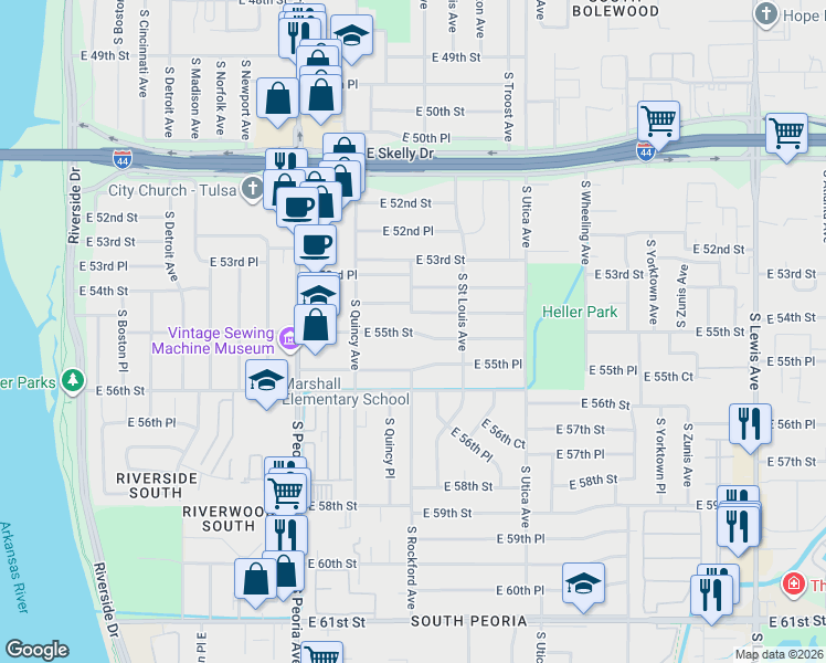 map of restaurants, bars, coffee shops, grocery stores, and more near 1448 East 55th Street in Tulsa