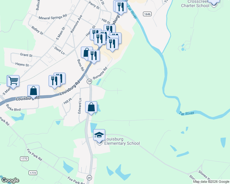 map of restaurants, bars, coffee shops, grocery stores, and more near in Louisburg