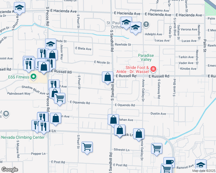 map of restaurants, bars, coffee shops, grocery stores, and more near 5795 South Sandhill Road in Las Vegas