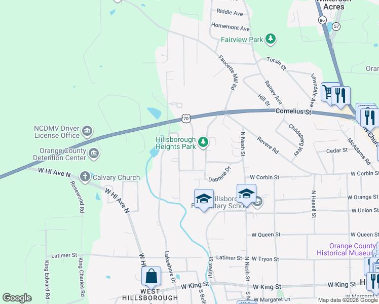 map of restaurants, bars, coffee shops, grocery stores, and more near 516 Central Avenue in Hillsborough