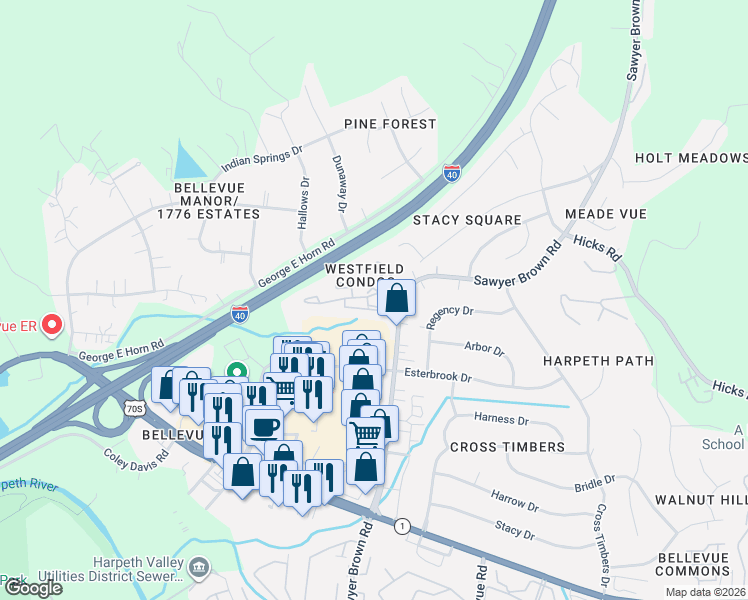 map of restaurants, bars, coffee shops, grocery stores, and more near 259 Westfield Drive in Nashville