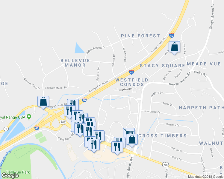 map of restaurants, bars, coffee shops, grocery stores, and more near 417 Westfield Drive in Nashville