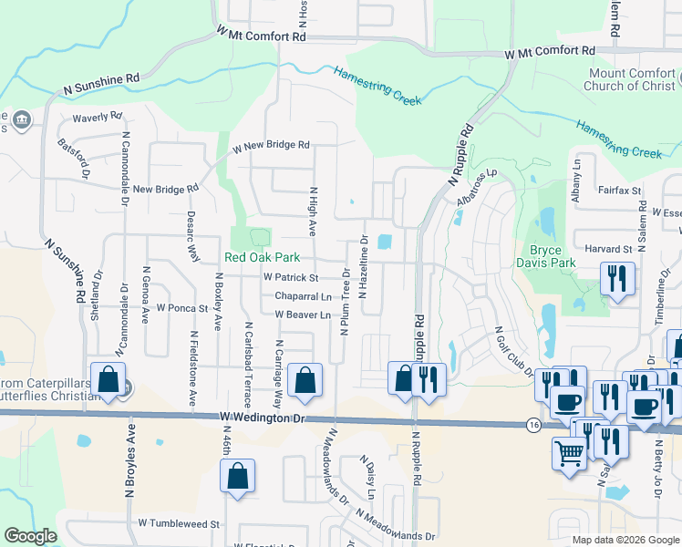 map of restaurants, bars, coffee shops, grocery stores, and more near 4245 West Patrick Street in Fayetteville