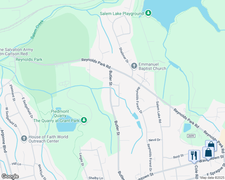 map of restaurants, bars, coffee shops, grocery stores, and more near 1225 Butler Street in Winston-Salem