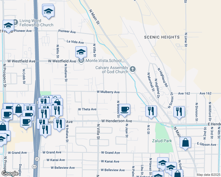 map of restaurants, bars, coffee shops, grocery stores, and more near 462 West Mulberry Avenue in Porterville