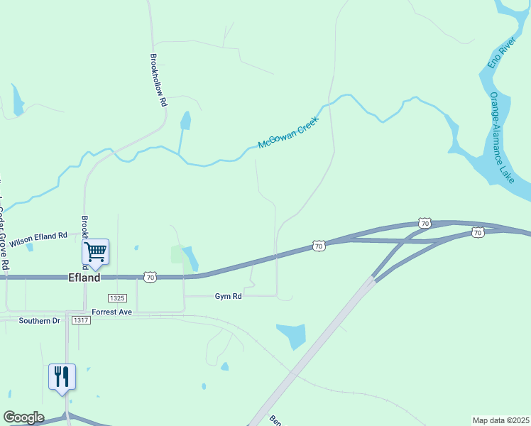 map of restaurants, bars, coffee shops, grocery stores, and more near 206 Franklin Adams Road in Efland