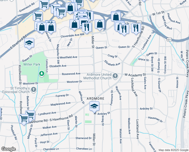 map of restaurants, bars, coffee shops, grocery stores, and more near 607 Miller Street in Winston Salem