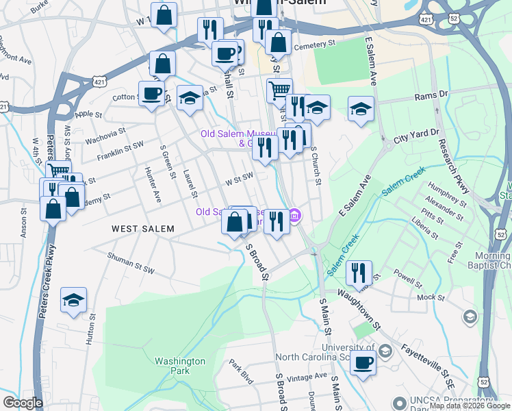map of restaurants, bars, coffee shops, grocery stores, and more near 514 Washington Avenue Southwest in Winston-Salem