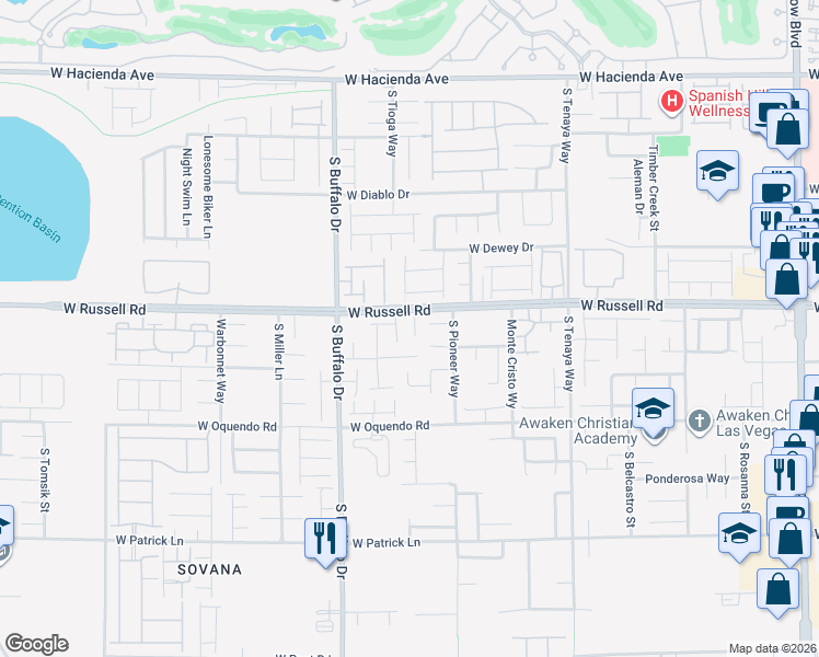 map of restaurants, bars, coffee shops, grocery stores, and more near 5746 South Tioga Way in Las Vegas