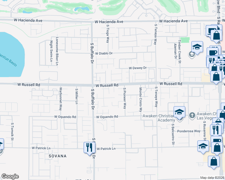 map of restaurants, bars, coffee shops, grocery stores, and more near 5746 South Tioga Way in Las Vegas
