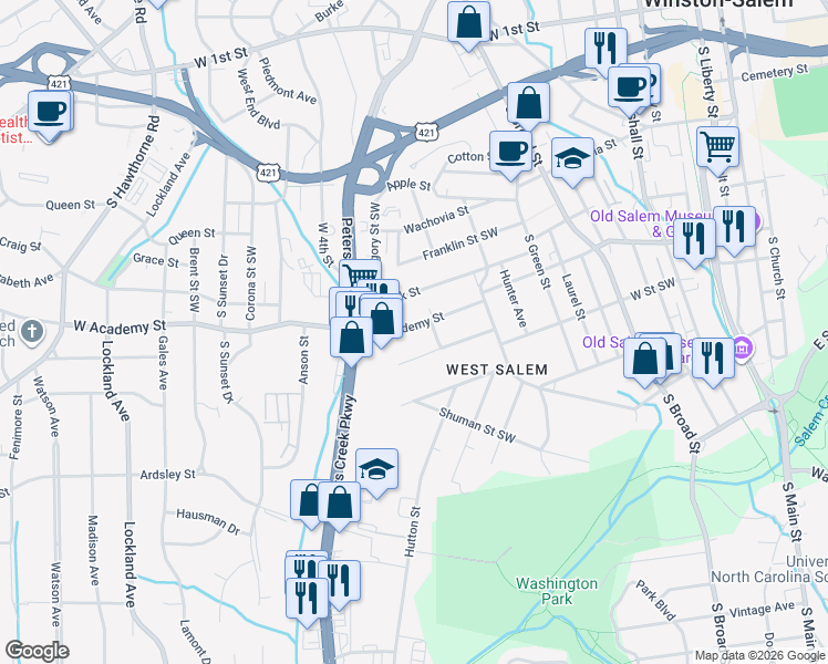 map of restaurants, bars, coffee shops, grocery stores, and more near 1103 Crestwood Drive Southwest in Winston-Salem