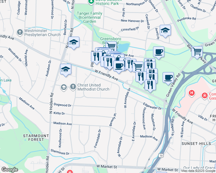 map of restaurants, bars, coffee shops, grocery stores, and more near 4 Gwyn Lane in Greensboro