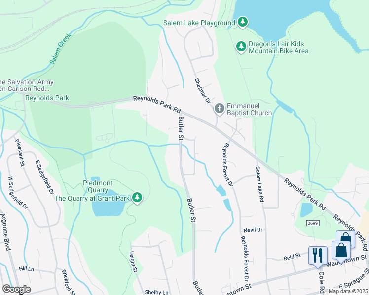 map of restaurants, bars, coffee shops, grocery stores, and more near 1225 Butler Street in Winston-Salem