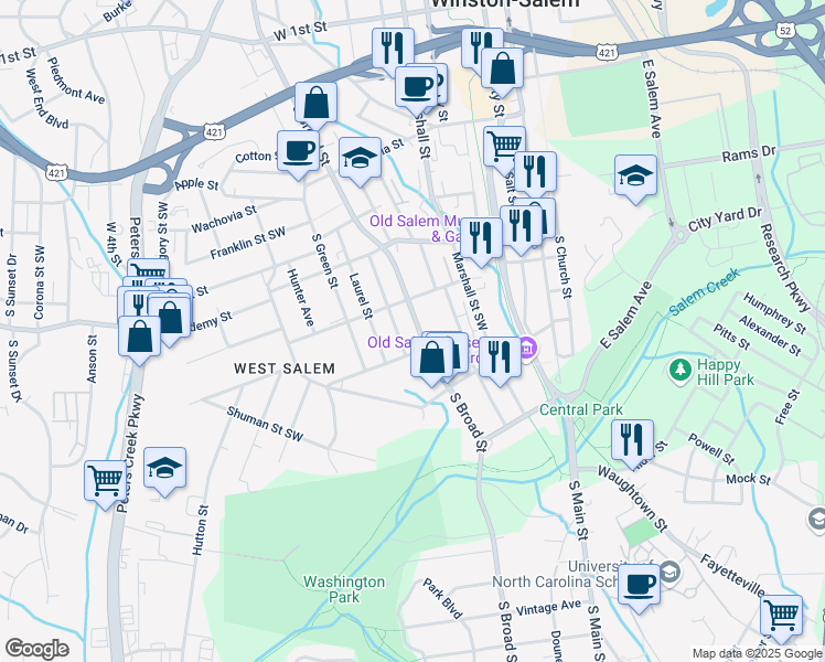 map of restaurants, bars, coffee shops, grocery stores, and more near 724 South Broad Street in Winston-Salem