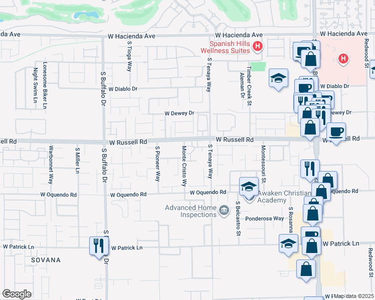 map of restaurants, bars, coffee shops, grocery stores, and more near 7413 West Russell Road in Las Vegas