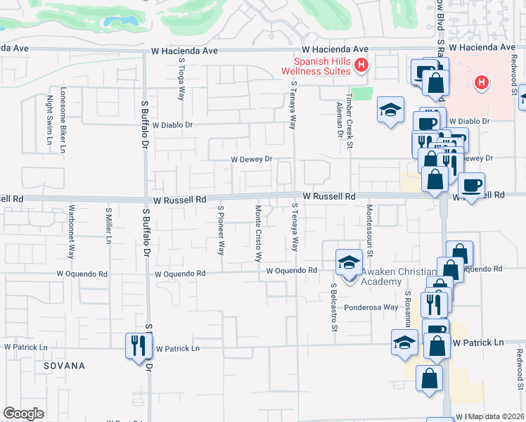 map of restaurants, bars, coffee shops, grocery stores, and more near 76 Monte Cristo Way in Las Vegas