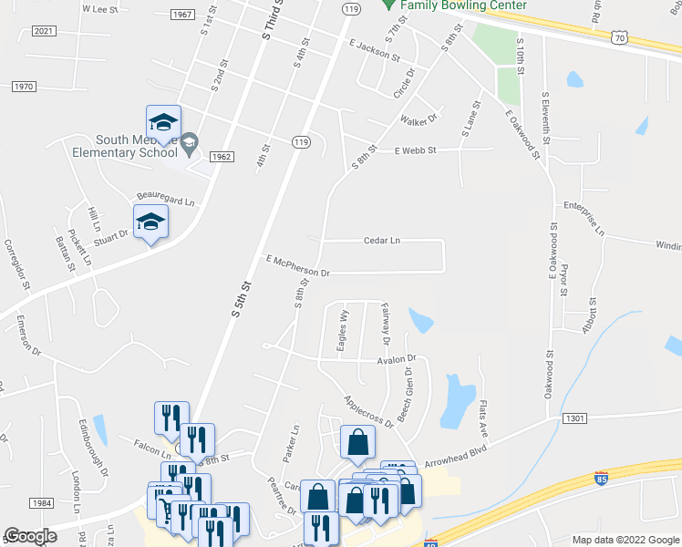 map of restaurants, bars, coffee shops, grocery stores, and more near 416 East McPherson Drive in Mebane