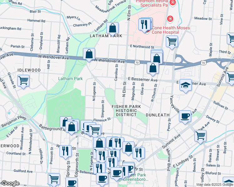 map of restaurants, bars, coffee shops, grocery stores, and more near 110 Fisher Park Circle in Greensboro