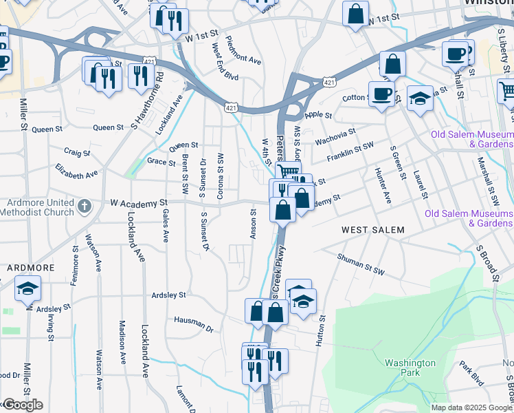 map of restaurants, bars, coffee shops, grocery stores, and more near 1242 West Academy Street in Winston-Salem