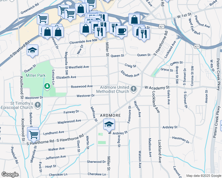 map of restaurants, bars, coffee shops, grocery stores, and more near 607 Miller Street in Winston-Salem