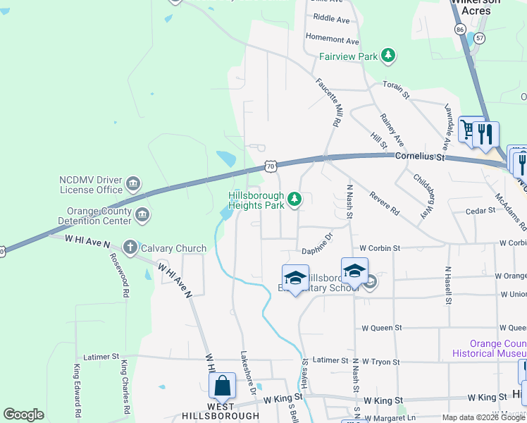 map of restaurants, bars, coffee shops, grocery stores, and more near 108 Coley Circle in Hillsborough