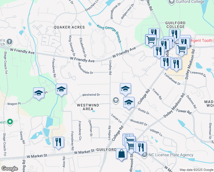 map of restaurants, bars, coffee shops, grocery stores, and more near 321 Lindley Road in Greensboro